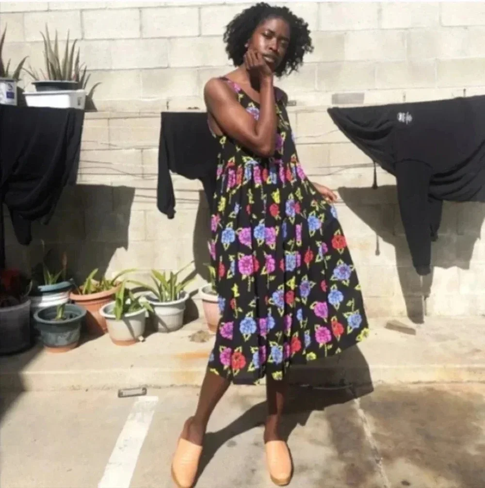 Nooworks Naomi Dress  Roses Black Midi Printed Sleeveless XS
